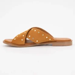 Clearance Mules setter cuir à clous dorés Femme Femme Tongs, Mules