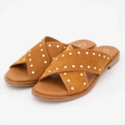 Clearance Mules setter cuir à clous dorés Femme Femme Tongs, Mules