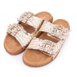 Clearance Mules tissées double bride platino Femme Femme Tongs, Mules