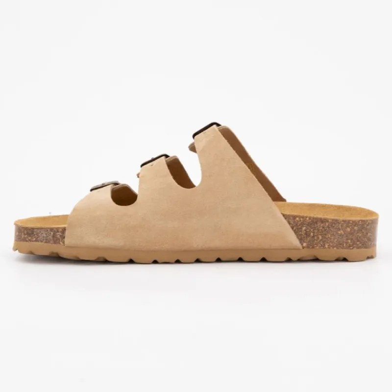 New Mules triple boucle cuir couleur kaki Femme Femme Tongs, Mules