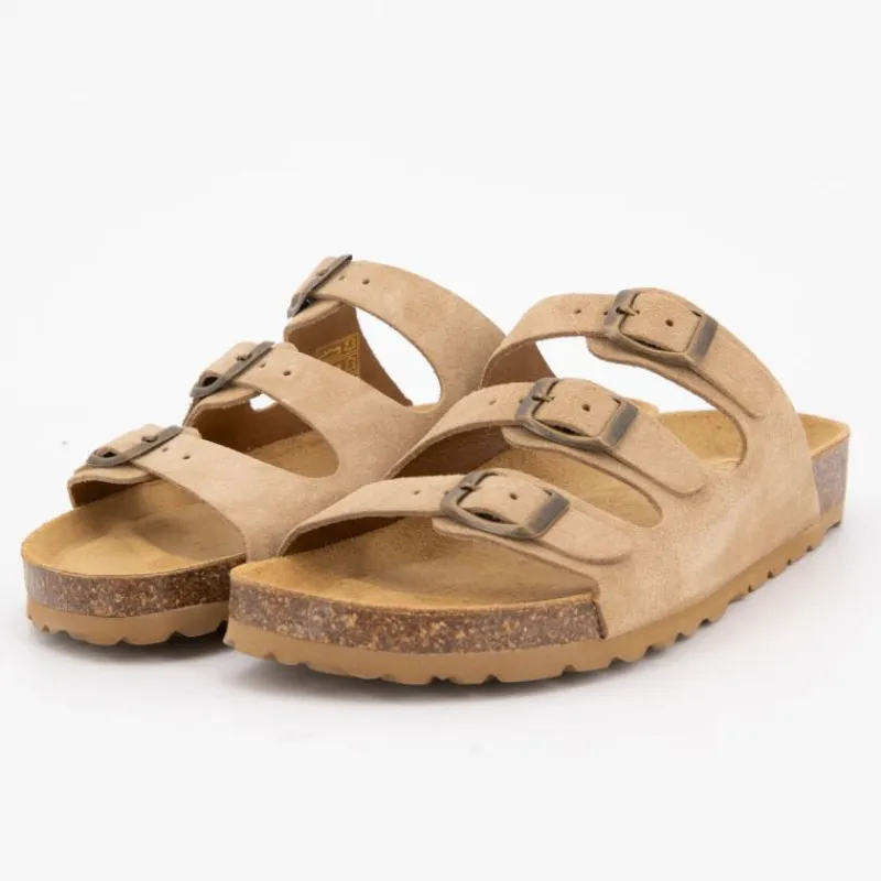 New Mules triple boucle cuir couleur kaki Femme Femme Tongs, Mules