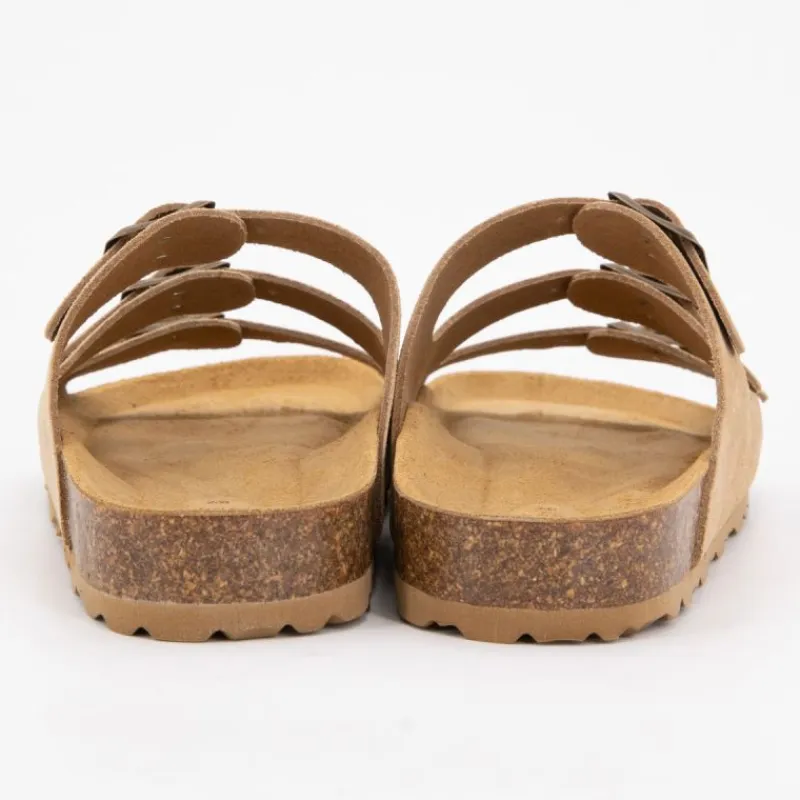 New Mules triple boucle cuir couleur kaki Femme Femme Tongs, Mules