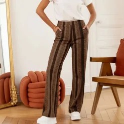 Hot Pantalon à rayures fils métalliques doré Femme Femme Pantalon