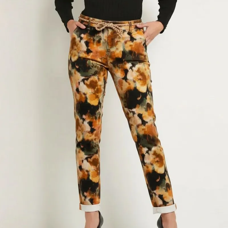 Discount Pantalon avec ourlets imprimé avec ceinture corde Femme Femme Pantalon