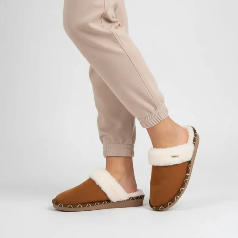 Sale Pantoufle cisco cuir liseré doré camel Femme Femme Chaussons