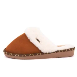 Sale Pantoufle cisco cuir liseré doré camel Femme Femme Chaussons
