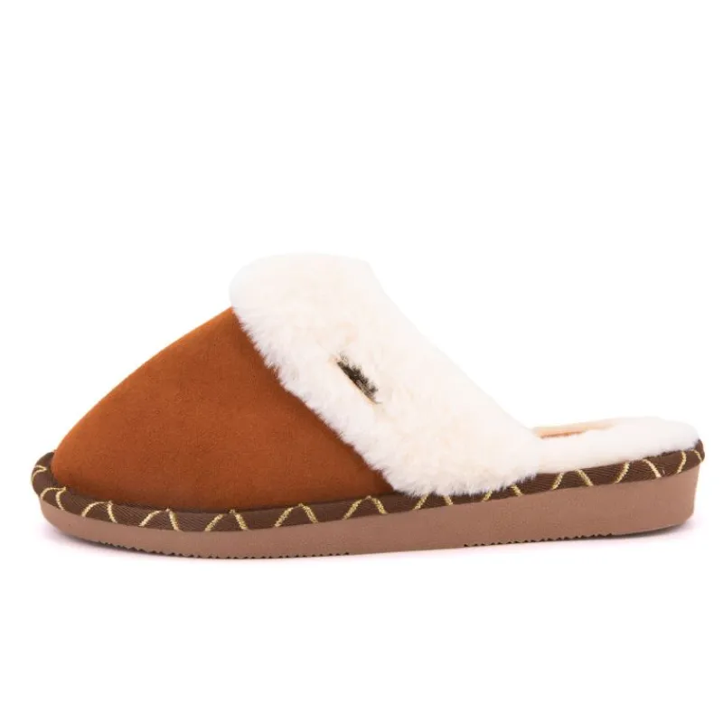 Sale Pantoufle cisco cuir liseré doré camel Femme Femme Chaussons