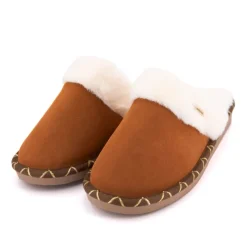 Sale Pantoufle cisco cuir liseré doré camel Femme Femme Chaussons