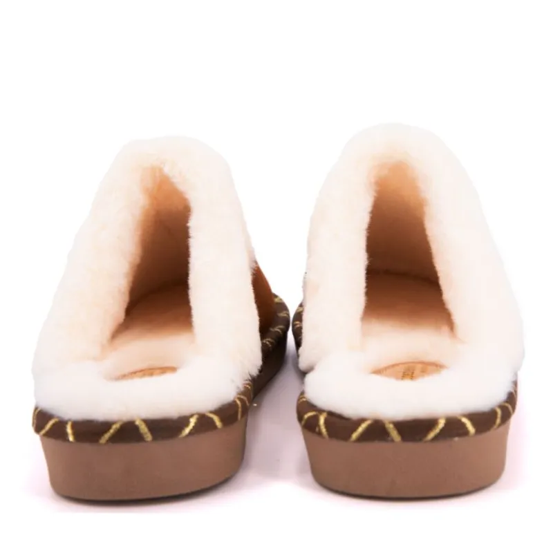 Sale Pantoufle cisco cuir liseré doré camel Femme Femme Chaussons