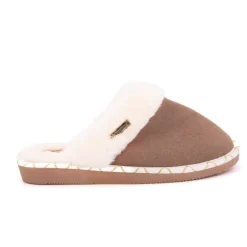 Discount Pantoufle cisco cuir liseré doré camel Femme Femme Chaussons