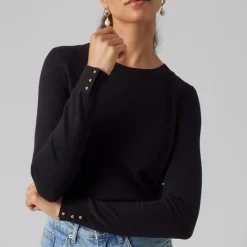 Outlet Pull col rond bouton poignet maille fine Femme Femme Pull, Gilet, Sweat