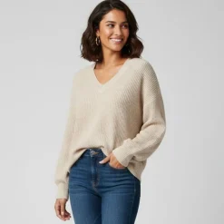 Clearance Pull zia vert gris col V manches longues Femme Femme Pull, Gilet, Sweat