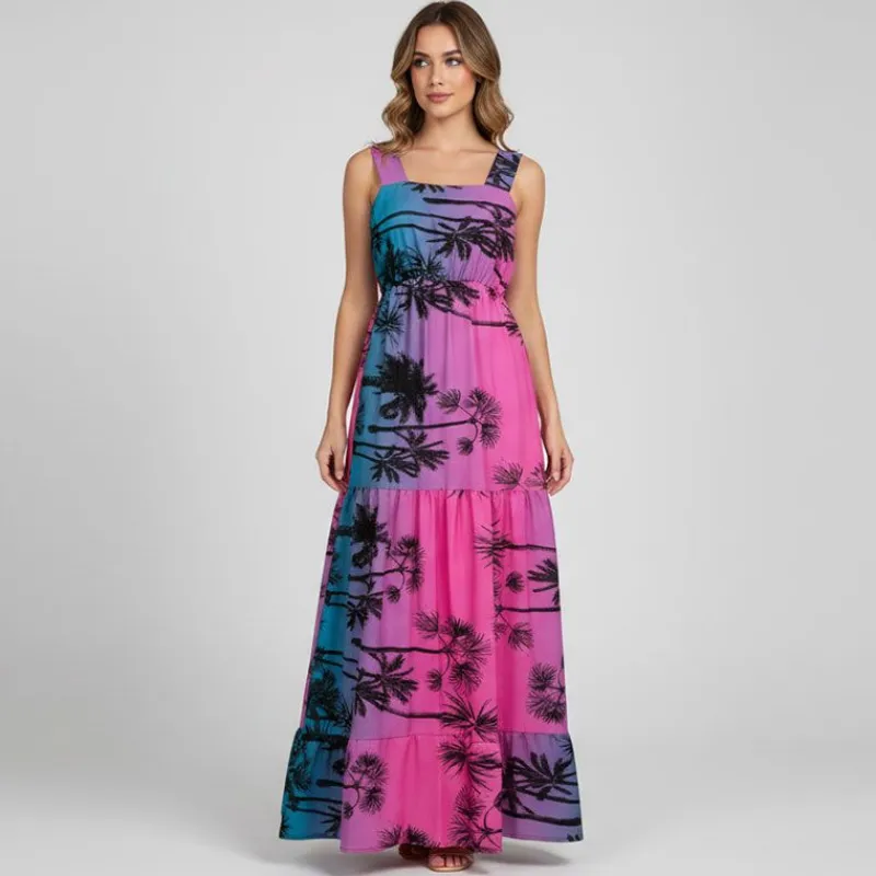 Hot Robe ana à bretelles imprimé tropical Femme Femme Jupe, Robe