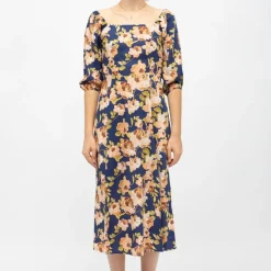 Hot Robe bleue foncé à fleurs retro roxie col carré Femme Femme Jupe, Robe