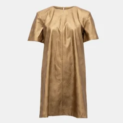 Sale Robe cammello doré manches courtes Femme Femme Jupe, Robe