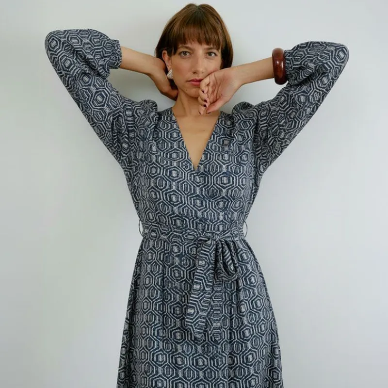 Robe cintrée col V ceinture à nouer imprimée fantaisie Femme Femme Jupe, Robe