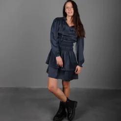 Discount Robe élastiquée à la taille à volants effet soie bleu nuit Femme Femme Jupe, Robe