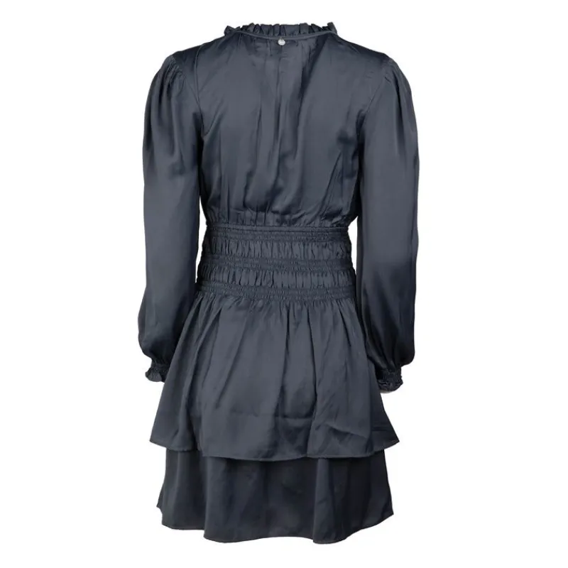 Discount Robe élastiquée à la taille à volants effet soie bleu nuit Femme Femme Jupe, Robe