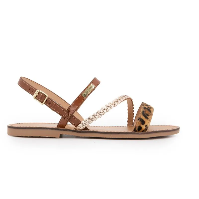 Clearance Sandales batresse leopard tan avec tresse en cuir dorée Femme Femme Sandales