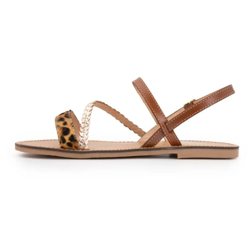 Clearance Sandales batresse leopard tan avec tresse en cuir dorée Femme Femme Sandales