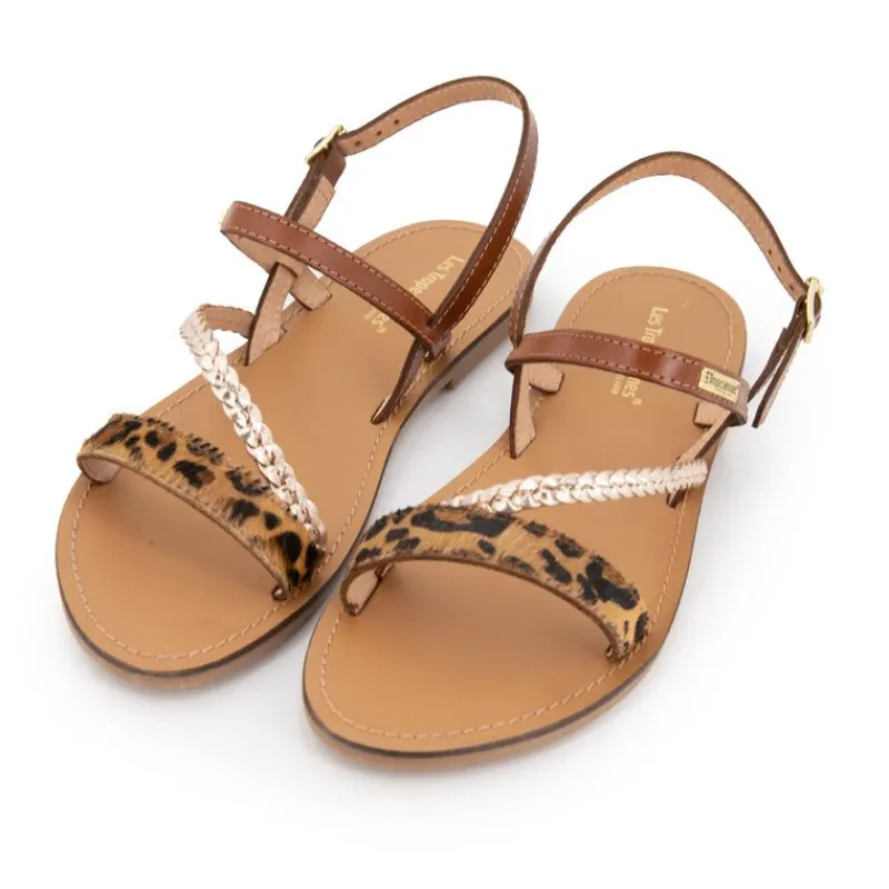 Clearance Sandales batresse leopard tan avec tresse en cuir dorée Femme Femme Sandales