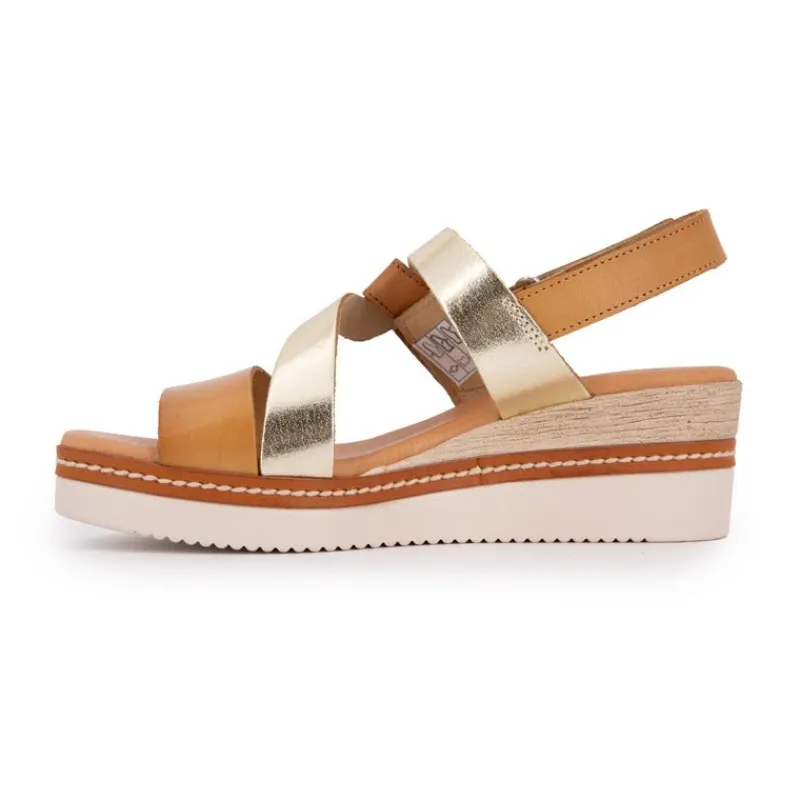 Sandales compensée cuir à scratch tan goldFemme Femme Sandales