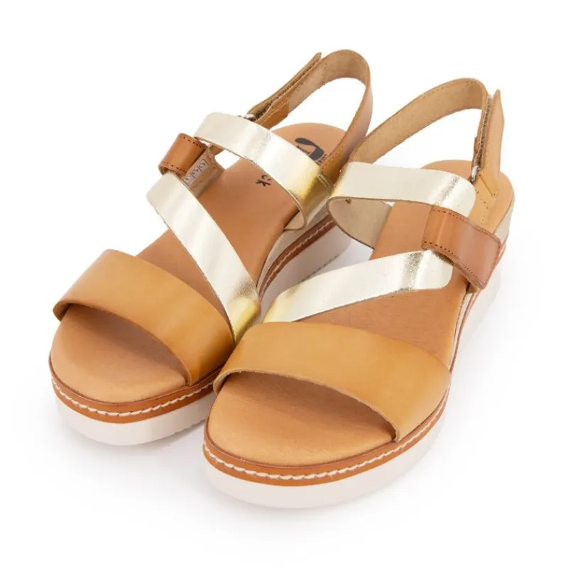 Sandales compensée cuir à scratch tan goldFemme Femme Sandales