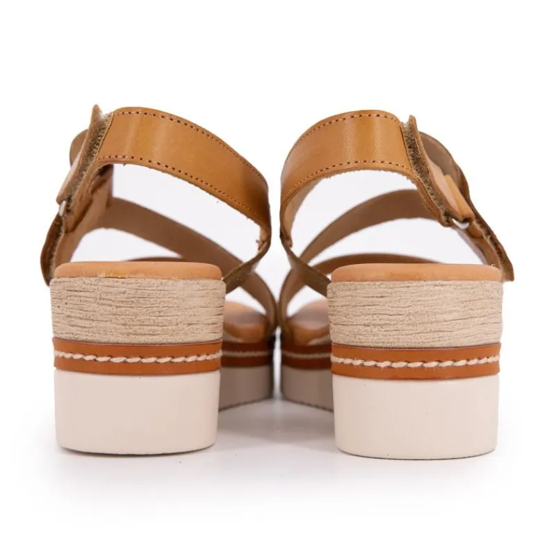 Sandales compensée cuir à scratch tan goldFemme Femme Sandales