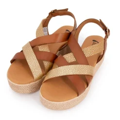 Online Sandales compensées cuir gold imprimé croco Femme Femme Sandales