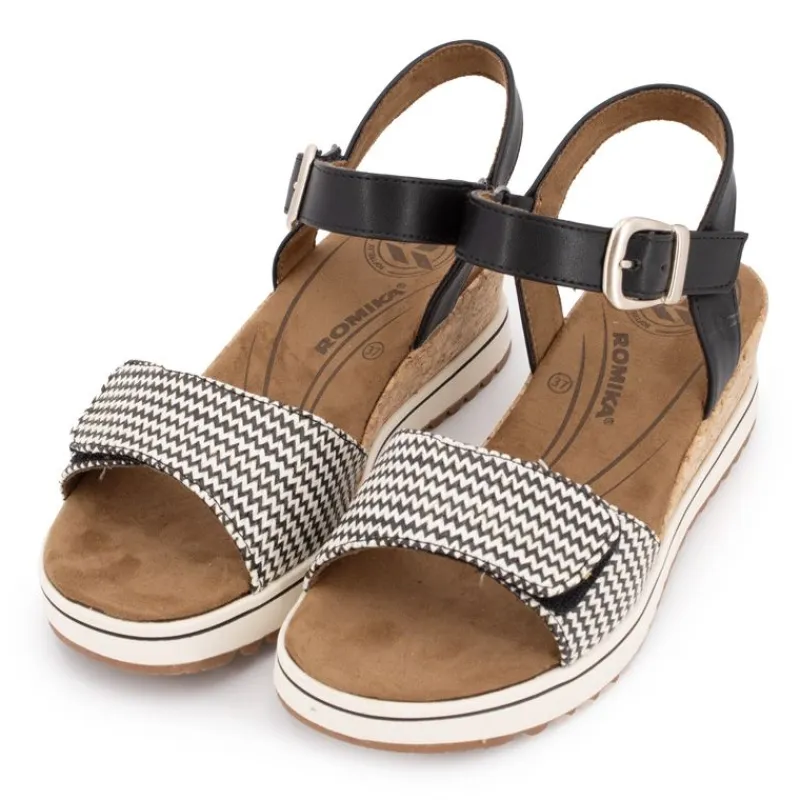 New Sandales compensées imprimé graphique à scratch semelle liège black Femme Femme Sandales