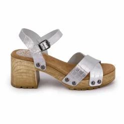 Outlet Sandales cuir croco brillant avec boucle talons effet bois Femme Femme Sandales