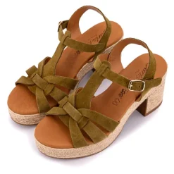 Outlet Sandales cuir serraje avec talon compensé Femme Femme Sandales