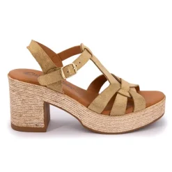 Clearance Sandales cuir kaki serraje avec talon compensé Femme Femme Sandales