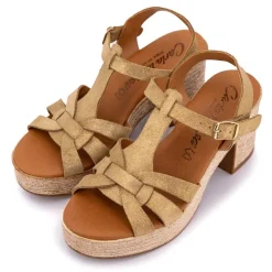 Clearance Sandales cuir kaki serraje avec talon compensé Femme Femme Sandales