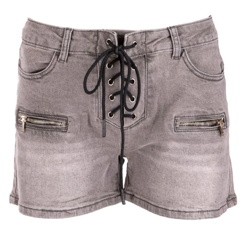 Hot Short avec lacets medium blue denim délavé Femme Femme Short, Bermuda
