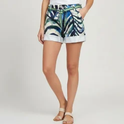 Short unbleached motif palmier avec ceinture brillante Femme Femme Short, Bermuda