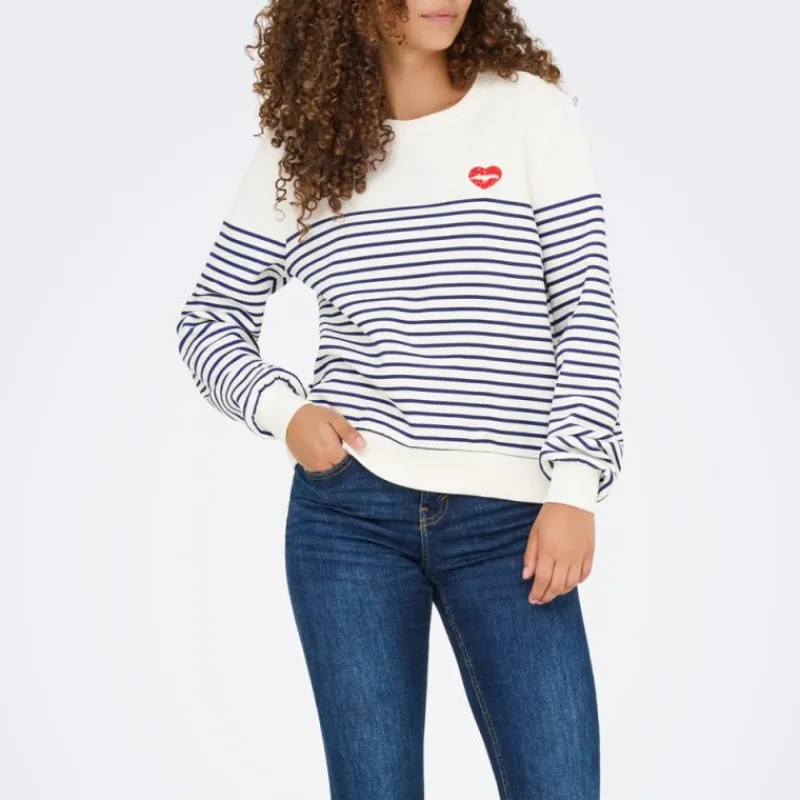 Outlet Sweat col rond à rayures avec imprimé coeur Femme Femme Pull, Gilet, Sweat