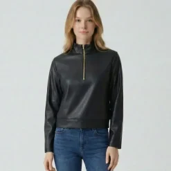 New Sweat similicuir col zippé montant Femme Femme Pull, Gilet, Sweat