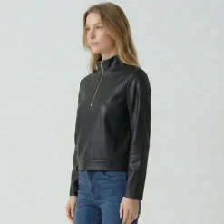 New Sweat similicuir col zippé montant Femme Femme Pull, Gilet, Sweat