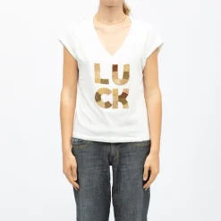 Discount Tee shirt col v Luck brodé coloré Femme Femme Haut, Chemise|Tee Shirt