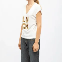 Discount Tee shirt col v Luck brodé coloré Femme Femme Haut, Chemise|Tee Shirt