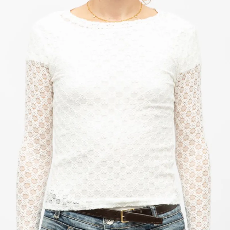 Best Tee shirt col bateau à dentelle manches longues thell Femme Femme Haut, Chemise|Tee Shirt