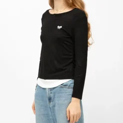 Best Tee shirt col bateau aliona avec zip noeud brodé Femme Femme Haut, Chemise|Tee Shirt