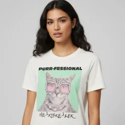 Tee shirt col rond hariettte avec chat à lunettes Femme Femme Haut, Chemise