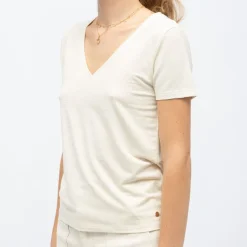 Hot Tee shirt col v ecru rayé dore kayla Femme Femme Haut, Chemise|Tee Shirt