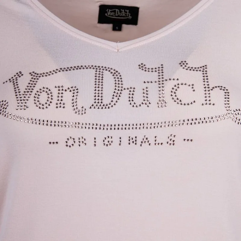 Best Tee shirt col V fluide strass logo Femme Femme Haut, Chemise|Tee Shirt