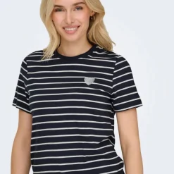 New Tee shirt coton bio Liva marinière avec coeur argenté Femme Femme Haut, Chemise|Tee Shirt