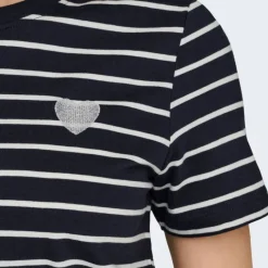 New Tee shirt coton bio Liva marinière avec coeur argenté Femme Femme Haut, Chemise|Tee Shirt