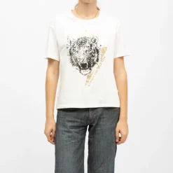 Outlet Tee shirt crème imprimé tigre Femme Femme Haut, Chemise|Tee Shirt