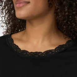 Discount Tee shirt manches courtes col rond dentelle uni Femme Femme Haut, Chemise|Tee Shirt